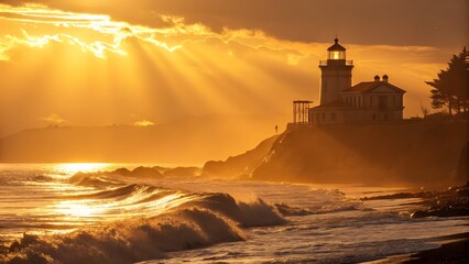 A lighthouse on a cliff overlooking the ocean at sunset with golden light streaming through the clouds