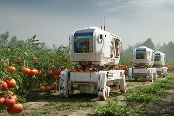 **Photo-Realistic Image Of Robotic Farming Pods Autonomously Harvesting Ripe Tomatoes In An Outdoor Organic Field. Each Pod Has Sensor Arms And Collection Containers. Sunny Weather With Full Clarity O