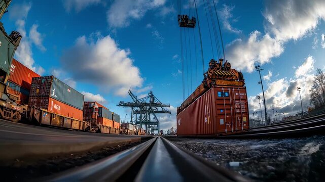 A panoramic shot captures the dynamic scene of an intermodal crane in motion as it elegantly swings a container away from the side of a docked vessel towards an orderly line of rail
