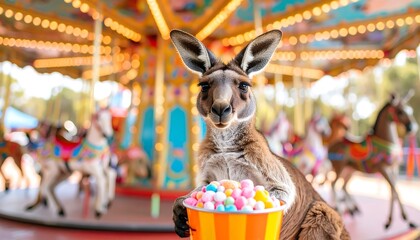 Kangaroo with Sweets on a Merry-Go-Round: A Whimsical Portrait of Australian Wildlife