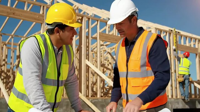 Construction workers in hard hats and safety vests discussing blueprints at a building site showing teamwork and planning for a new house project - Powered by Adobe