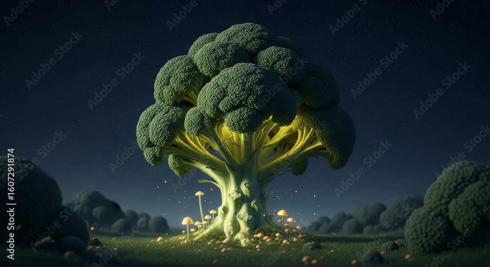 Poster broccoli tree in a glowing forest - a surreal of a giant broccoli tree glowing in a dark forest with