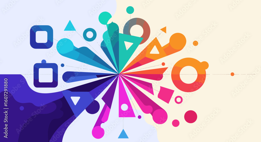 Poster colorful abstract shapes exploding outwards on a light background