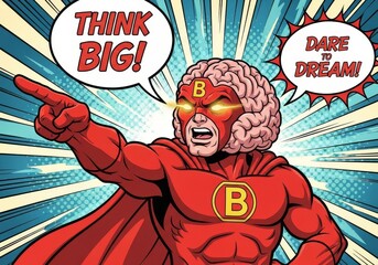 Brainpower Superhero: Think Big, Dare to Dream - A comic book superhero with a brain for a head points and encourages thinking big and daring to dream