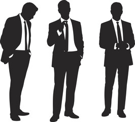 Business team standing in silhouette, professional corporate attire, confident posture group, formal illustration concept, black vector, leadership expression art