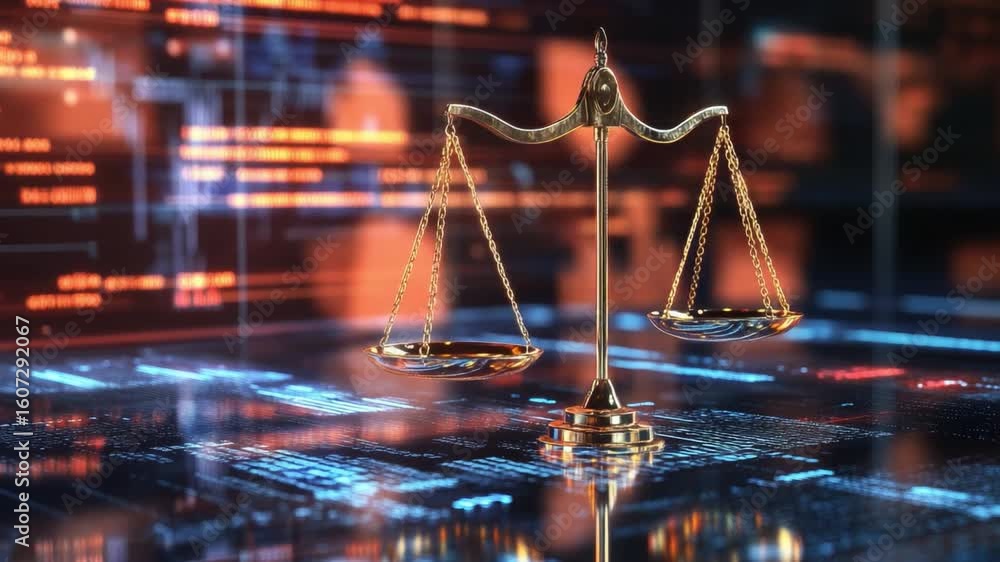 Poster golden scales of justice in a digital environment with glowing data visualizations and futuristic el