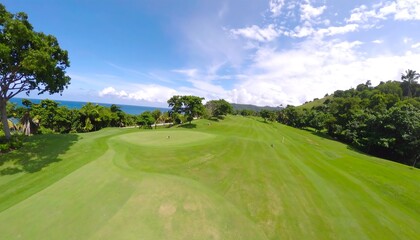 Lush Golf Course with Ocean View in Tropical Paradise Under a Sunny Sky