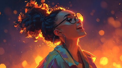 Joyful young woman singing against vibrant fiery background