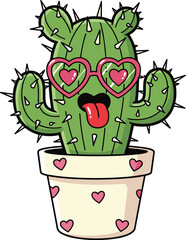 Cartoon cactus with pink heart sunglasses and tongue out in pot, playful plant character, cad drawing flat vector illustration
