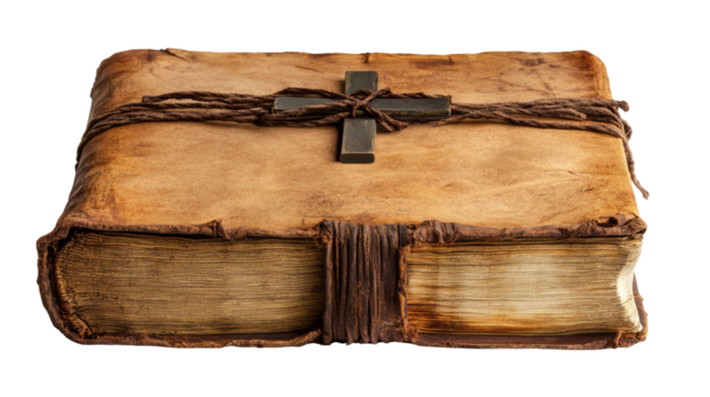 Christian Bible book with golden cross on cover symbolizing faith and scripture study isolated on white background