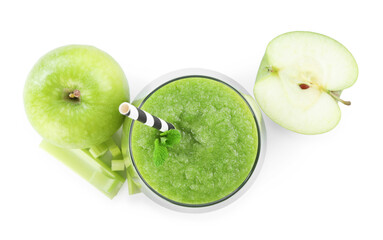 Superfood. Tasty smoothie in glass and ingredients isolated on white, top view