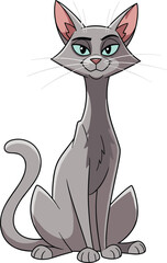 Cartoon gray cat with teal eyes and pink ears sitting confidently, stylish pet character, cad drawing flat vector illustration