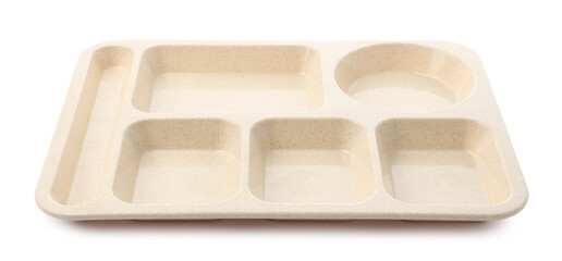 Empty plastic tray isolated on white. School lunch
