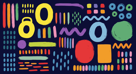 Vibrant Hand-Drawn Abstract Pattern with Colorful Brushstrokes and Dynamic Shapes. Artistic Elements for Modern Graphic Design and Creative Backgrounds.