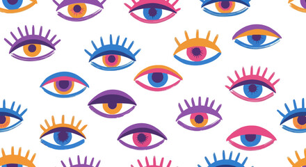 Vibrant Seamless Pattern of Stylized Eyes with Colorful Lashes and Irises, Abstract Bohemian Vision Vector Illustration for Trendy Graphic Design Backgrounds and Textile Prints