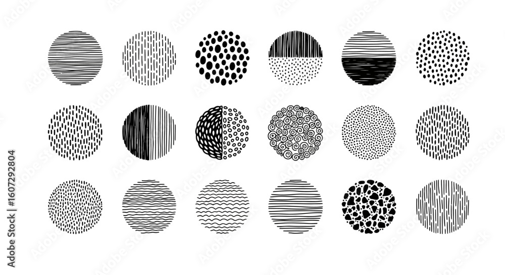 Aufkleber a diverse collection of abstract circular shapes featuring hand-drawn textures. set of monochrome ve