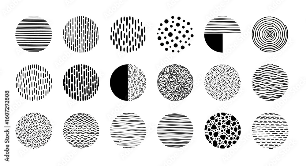 Aufkleber set of abstract circle shapes with hand-drawn textures. collection of round monochrome doodle patter
