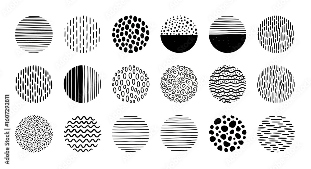 Poster collection of abstract circular patterns and textures in black and white for graphic design elements