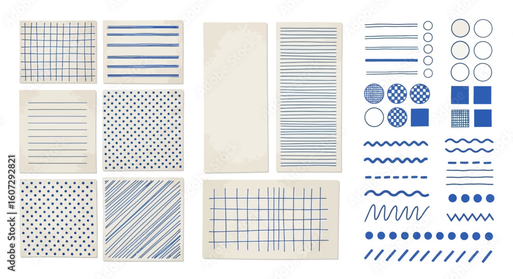 Poster abstract hand-drawn geometric patterns in blue. vector collection of sketchy lines, grids, and shape