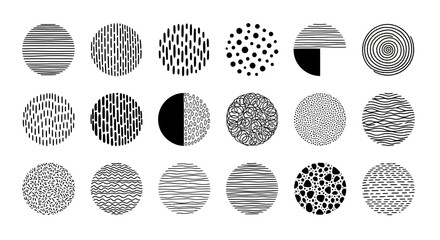 Set of abstract circle shapes with hand-drawn textures. Collection of round monochrome doodle patterns for design.
