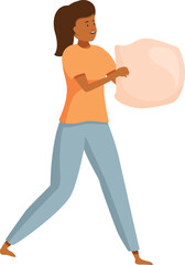 Smiling girl going to sleep, carrying a soft pillow, preparing for a night of rest, bedroom, sleepwear