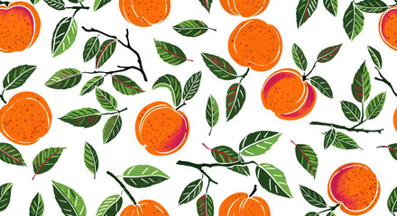 Hand-drawn citrus fruit seamless pattern with vibrant oranges and lush green leaves. Vector botanical background illustration.