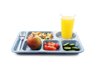 Plastic tray with tasty food, orange juice and fork isolated on white. School lunch