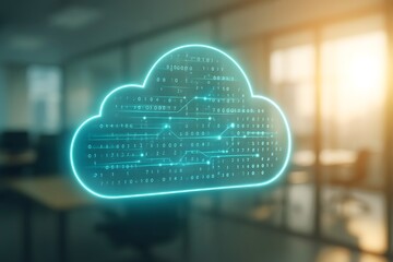 Glowing Digital Cloud Icon Representing Data Storage, AI Computing Floating in Modern Office Setting | Concept of Artificial Intelligence Infrastructure, Cloud Technology, Virtual Information Systems