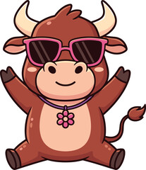 Cartoon cow in pink sunglasses and flower necklace sitting with arms raised, funny animal character