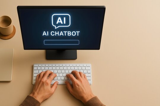 Person Typing on Keyboard with AI Chatbot Interface Displayed on Computer Screen in Workspace | Concept of Artificial Intelligence Communication, Virtual Assistants, Automated Customer Support