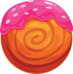 Cartoon style round pastry features pink icing with white sprinkles atop a swirling orange base, creating a visually appealing treat