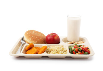 Plastic tray with tasty food, milk and fork isolated on white. School lunch