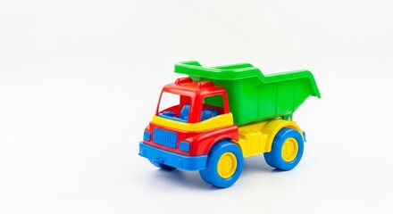 Colorful Plastic Toy Dump Truck - A vibrant plastic toy dump truck, perfect for playtime, isolated on a white background