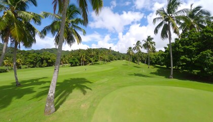 Lush tropical golf course landscape with vibrant green fairways and swaying palm trees under a