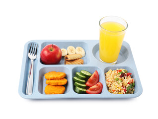 Plastic tray with tasty food, orange juice and fork isolated on white. School lunch