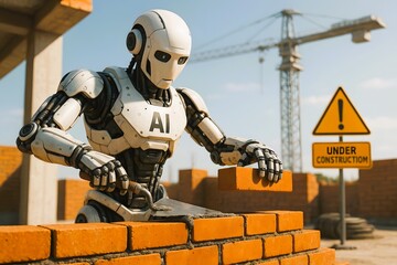 Naklejka premium Advanced AI Construction Robot Building Brick Wall on Active Worksite with Crane and Warning Sign in Background | Concept of Artificial Intelligence in Manual Labor, Automation in Construction