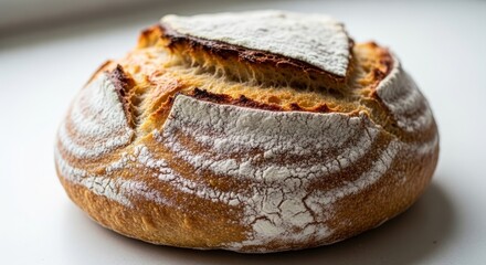Crusty Artisan Baked Loaf - A freshly baked loaf of artisan bread, golden crust, rustic texture, symbolizes home-baking, comfort food, and wholesome goodness.