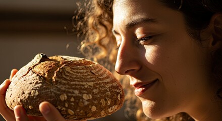 Woman with curly hair smelling freshly baked sourdough bread at home