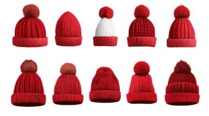 Collection of red winter hats in assorted styles isolated on white background
