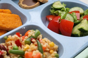 Plastic tray with tasty food, closeup. School lunch