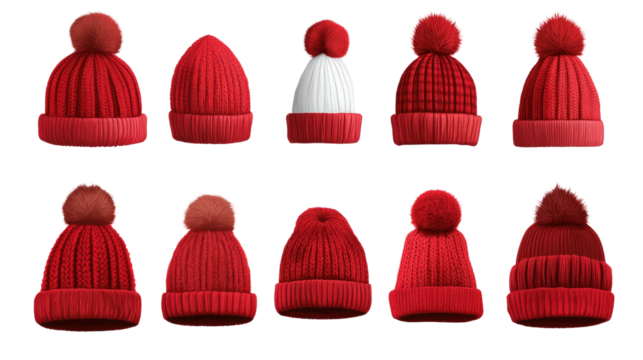 Collection of red winter hats in assorted styles isolated on white background