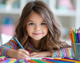 A young girl is drawing with crayons at a desk in a bright room, against a white background