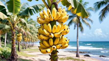 A large bunch of ripe yellow bananas hangs on a banana tree