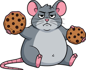 Cartoon gray mouse holding cookies with serious face, pink ears and nose, cad drawing flat vector illustration for kids