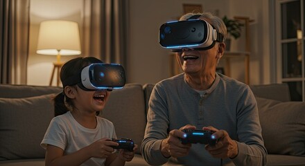 Grandfather and granddaughter joyfully play VR games together at home
