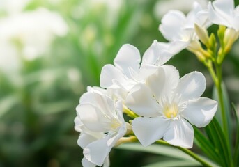 Fototapeta premium Delicate White Blooms in Sunlight - Close-up of beautiful white flowers in a garden setting, bathed in soft sunlight. Nature, beauty, serenity