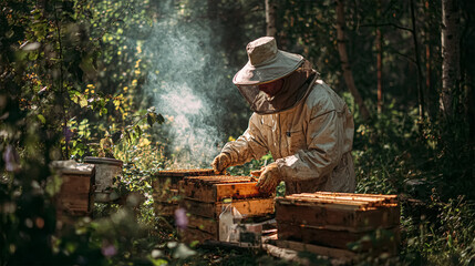 A beekeeper in protective gear tends to beehives in a sunlit forest clearing. Smoke wafts through the air, calming the bees as the beekeeper carefully inspects the honeycombs.