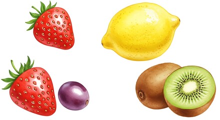 A colorful assortment of fruits including strawberries lemon kiwi and a plum on a white background