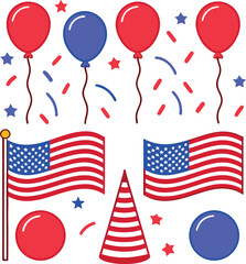 Obraz premium Red white and blue balloons American flags and confetti celebration elements red balloon