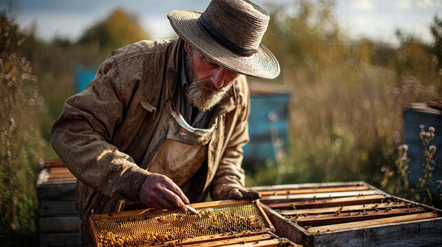 An elderly beekeeper carefully inspects honeycombs in his apiary. Dressed in protective clothing, he examines the bees and frames surrounded by lush greenery and soft sunlight.